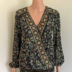 MAX STUDIO Floral Green Blouse - Faux Wrap High/Low Hem XS